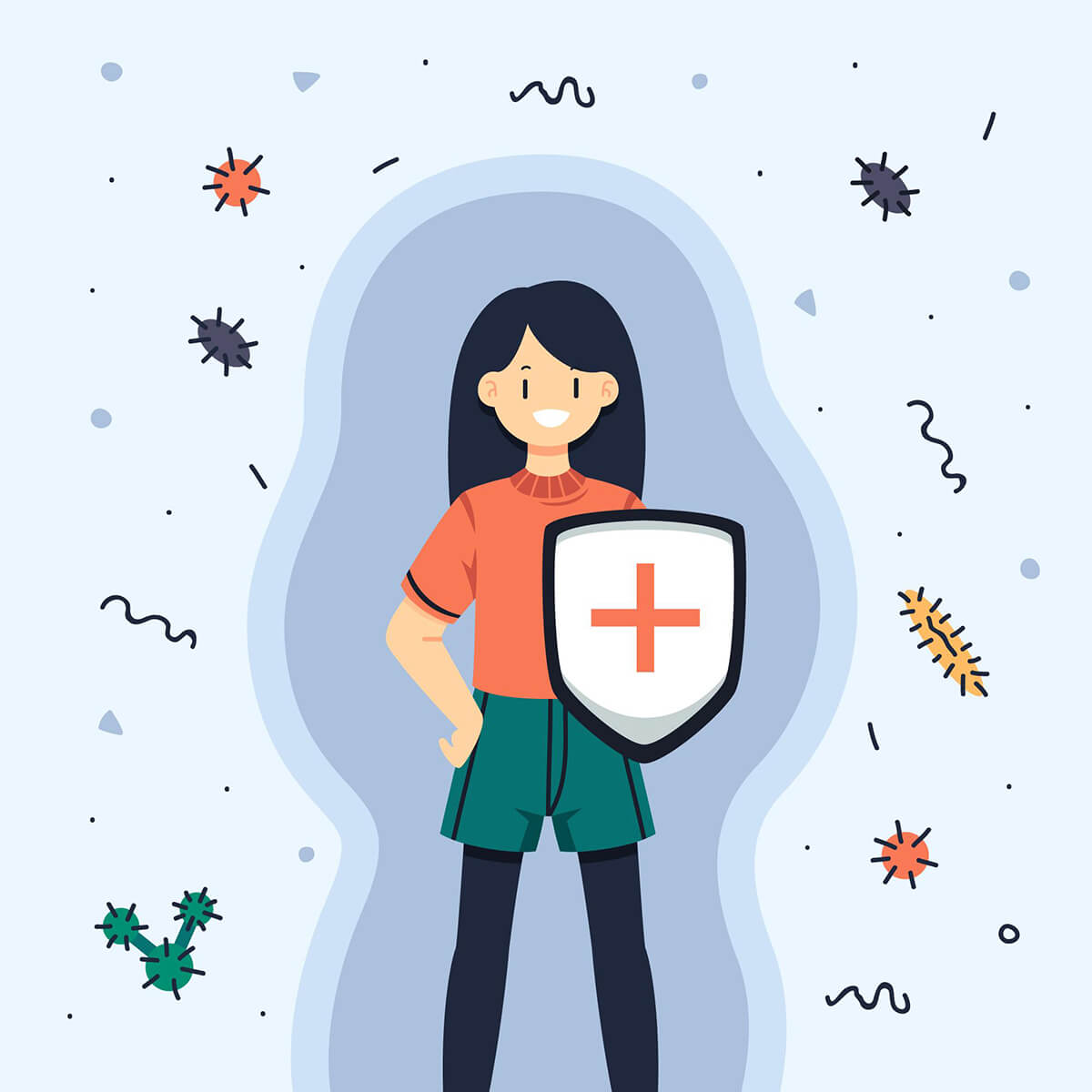 иллюстрация, символизирующая иммунитет: девушка со щитом защищается от вирусов